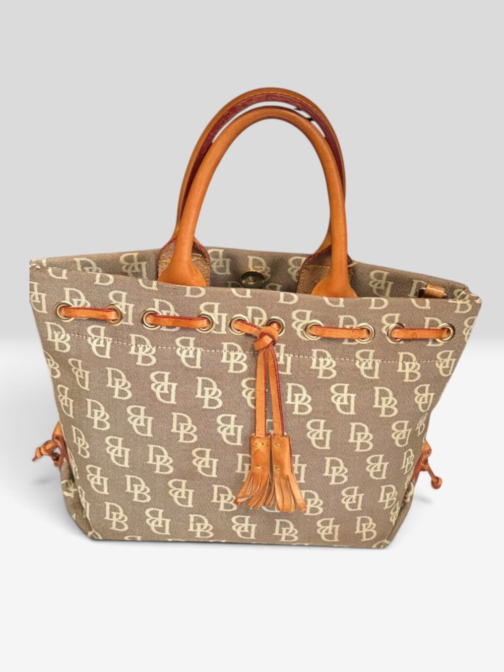 DOONEY & BOURKE Vintage Brown Monogram Canvas Tulip Tassel Tote / Shoulder Bag